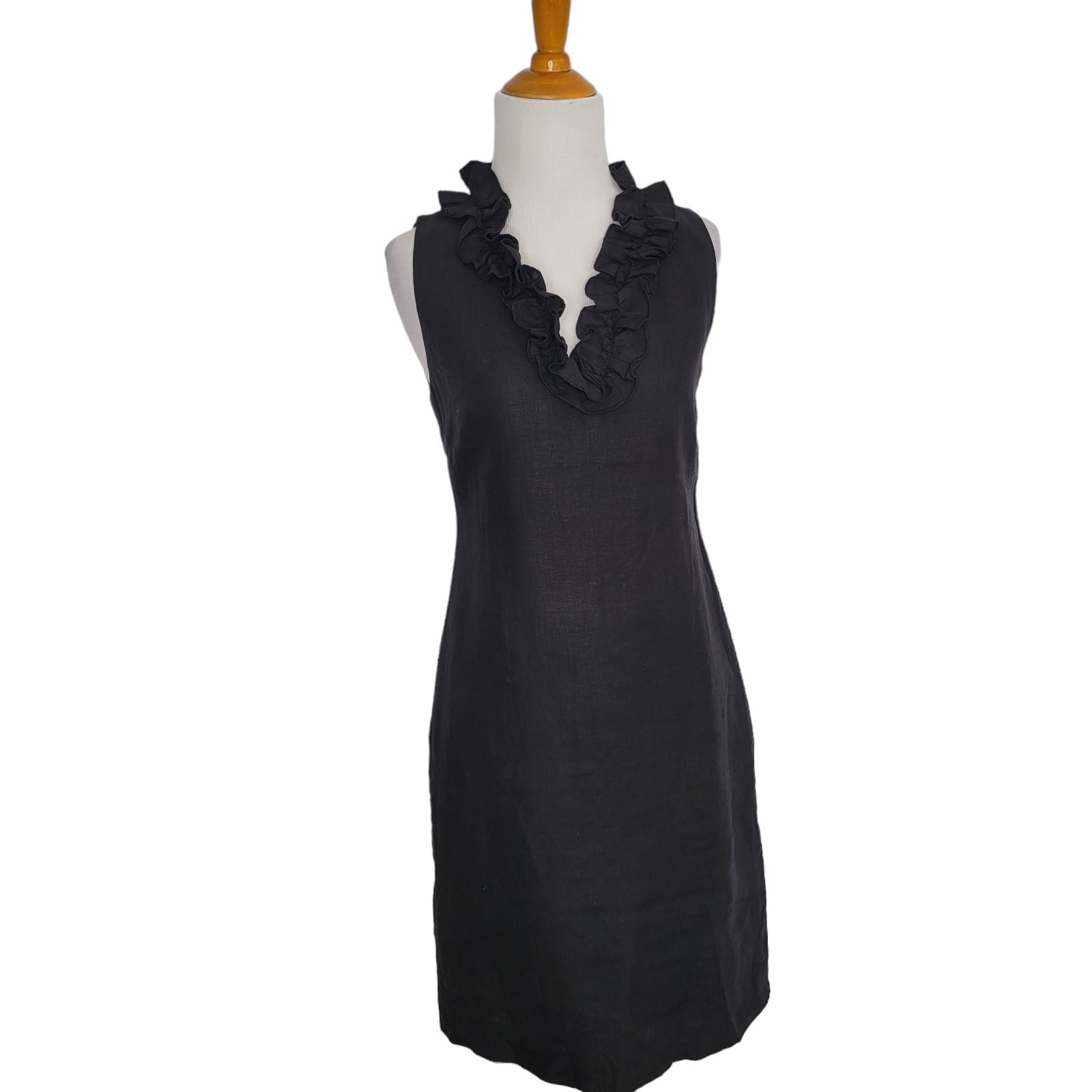 Kate Spade Bonnie Linen Dress Black Ruffle V Neck Sheath Women XS