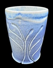 Signed Phyllis Laird Studio Art Pottery Tumbler Cup Vase Blue Tree Fern 4.25”