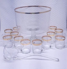 Rare MCM West Virginia Glass Punch Bowl Set - Gold Bands 12 Glasses & Ladle