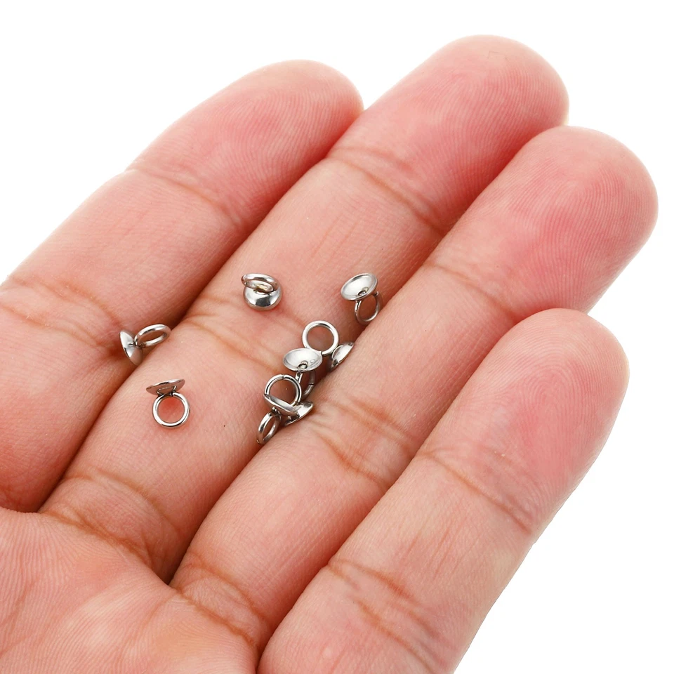 4mm Bead Caps, 50 Pcs Bead Cap Bail Pendant Ornament Caps with Loop,Silver Foto 4 de 4