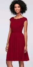 David's Bridal Short Lace Mesh Illusion Neckline Bridesmaid Dress Apple Red 2