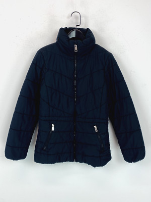 Marks&Spencer Puffer Jacket Navy Blue Recycled Polyester Concealed Hood Size 8