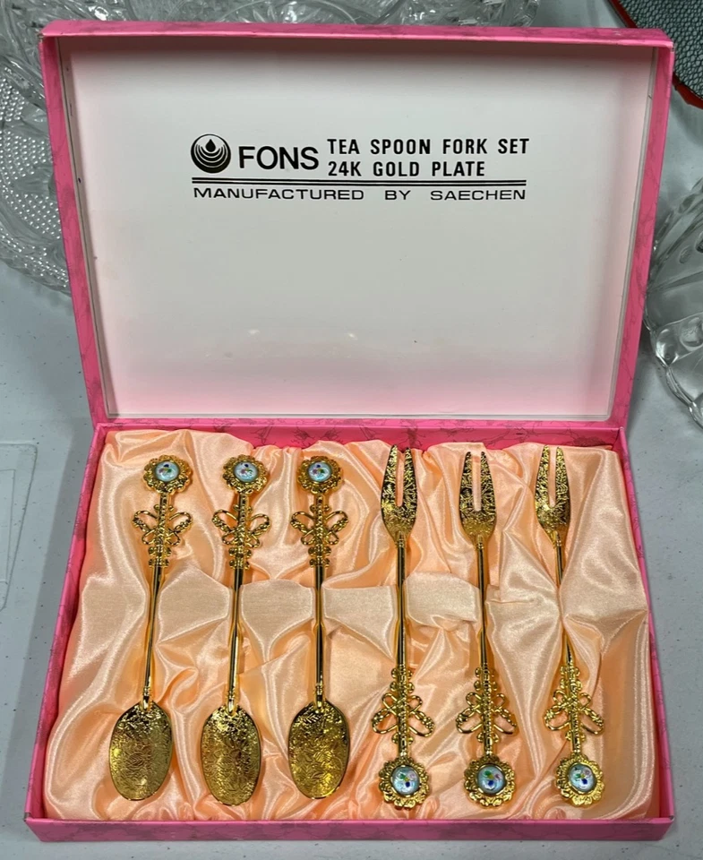 Juego de tenedores de cuchara de té vintage FONS 6 piezas chapado en oro 24K de Saechen NUEVO EN CAJA Foto 3 de 4