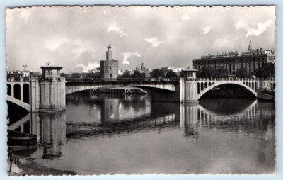 RPPC SEVILLA Puente de San Telmo y Torre del Oro Heliotipia SPAIN Postcard