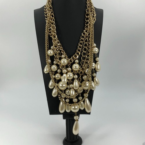 Vintage Chunky Gold Tone Chain Necklace Faux Pearl Dangles Substantial Statement