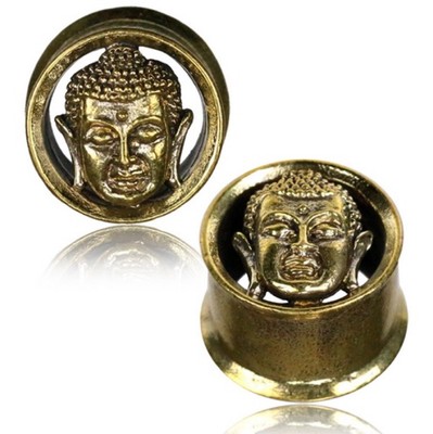 PAIR ANTIQUED ORNATE BUDDHA BRASS TUNNELS PLUGS TRIBAL GAUGES PLUG GAUGE