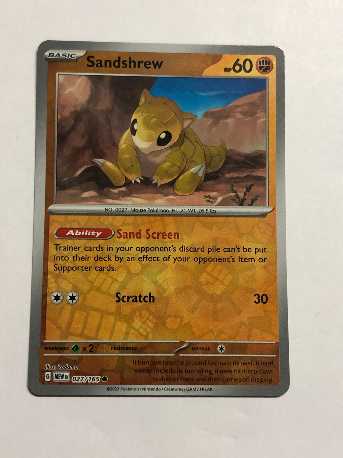 Pokemon Card 151 Reverse Holographic Sandshrew 027/165 Near Mint