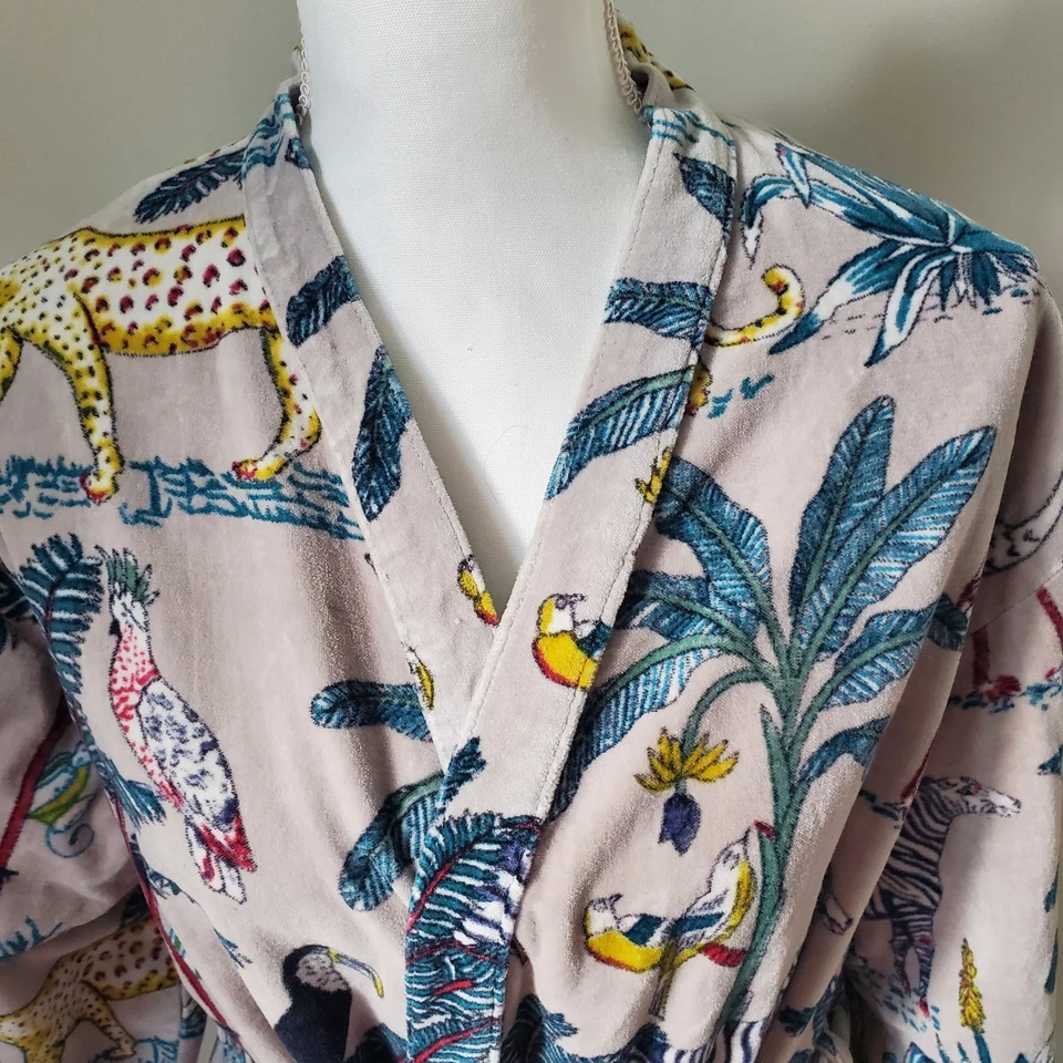 Gray Jungle Animal  Bird Velvet Morning Tea  Bridesmaid's Lined Kimono Robe S-M - Image 3 of 4