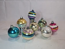 Vintage 8 Glass Shiny Brite Ornaments Mixed Lot Striped Glitter Mica 2.25" 750A