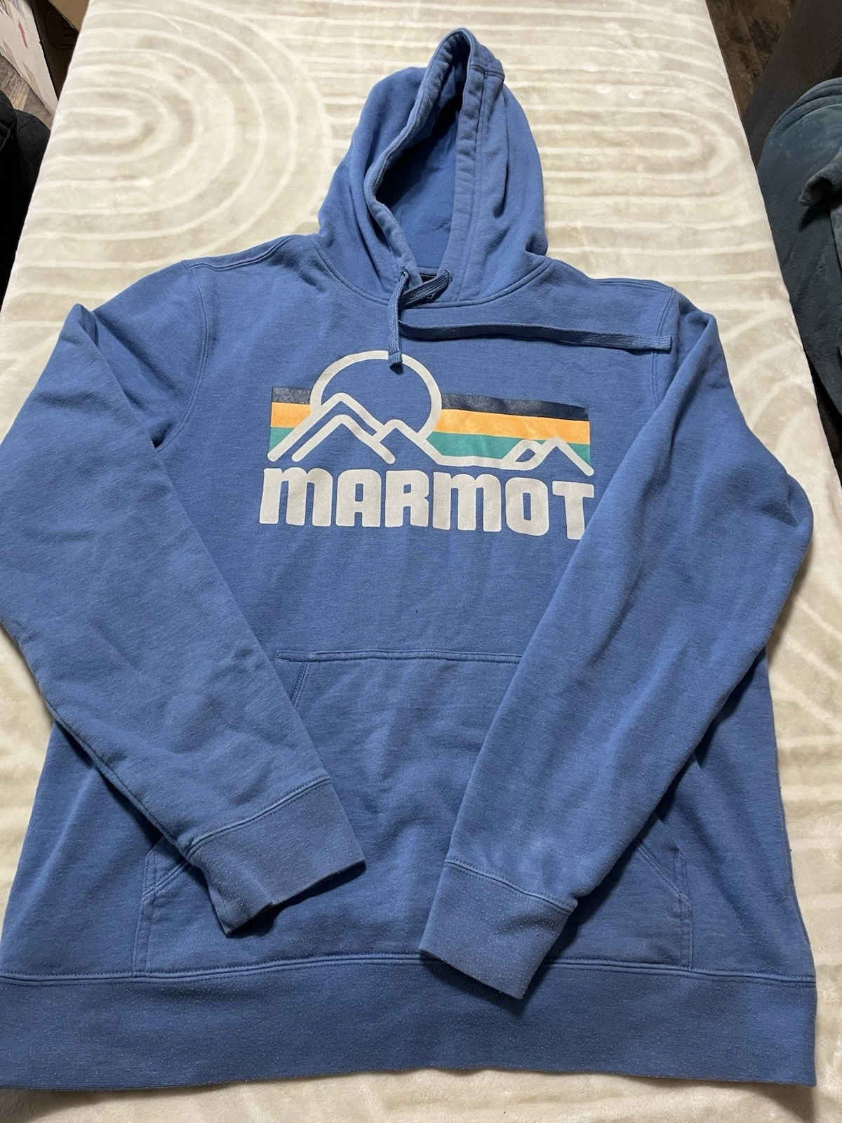 Marmot Hoodie Mens Medium Long Sleeve Hooded Blue Pullover Pockets Outdoors