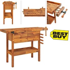 Workbench with Drawer and Vice Wooden Work Table Solid Wood Acacia KOVOL