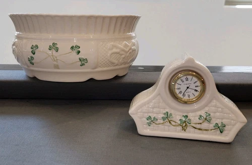 ANTIQ BELLEEK NADINE Round Fruit Bowl & Desk Clock Green Clover Bundle Blue Mark