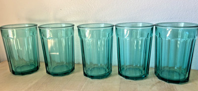 Set of 5 Luminarc France 500ml 20 oz Teal Green 10 Panel Drinking Glasses VTG