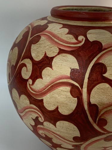 Vintage 11" Art Pottery Vase w/ Hand Painted Oriental Floral Design Red Cream - Picture 2 of 11