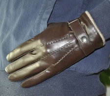 Men's Genuine Sheep Leather Wrist Gloves Touch Screen 3 Lines Wool Wrist