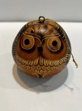 Owl Peru Carved Gourd Ornament Folk Art Hand Painted Dried Mate Bird Christmas