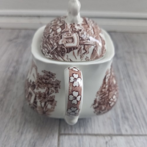 MYOTT ENGLAND Fine Ironstone Coaching Days SUGAR BOWL + LID White And Brown - Picture 3 of 13