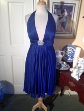 CACHE BLUE PLEATED PARTY,COCKTAIL TIE NECK DRESS-SIZE8-CRYSTAL PENDENT-LOVELY