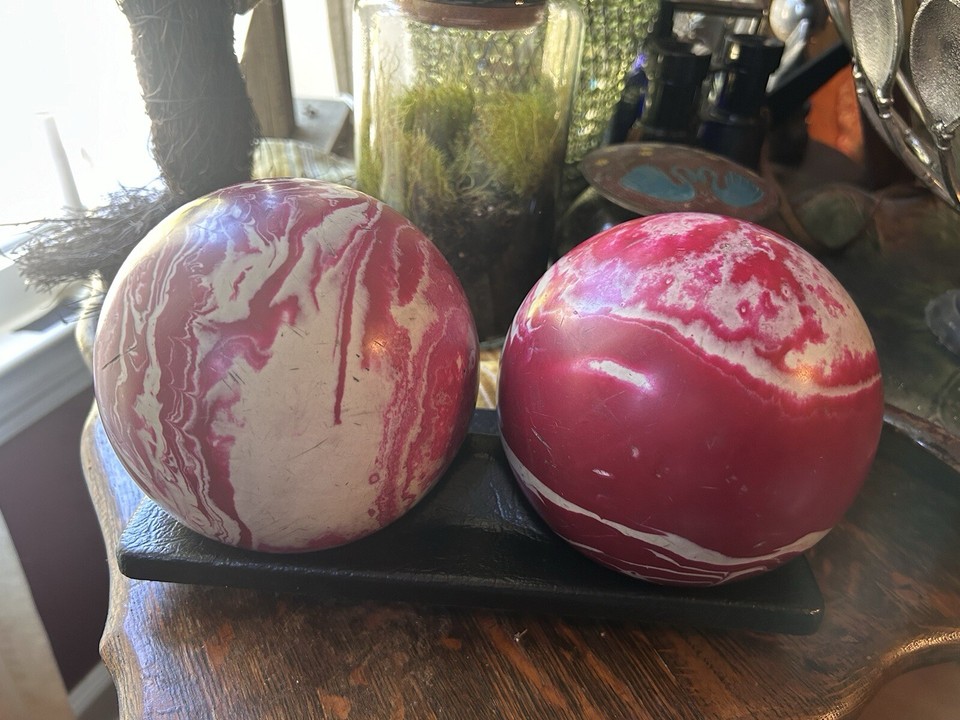 Vintage Duckpin Bowling Balls Pink & Cream 3lb10oz With Blue/white