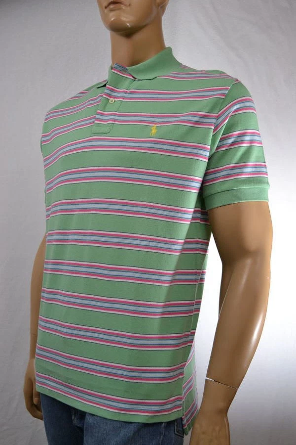 Ralph Lauren Classic Fit Green,Pink & White Stripe Mesh Polo Shirt/ Pony -NWT