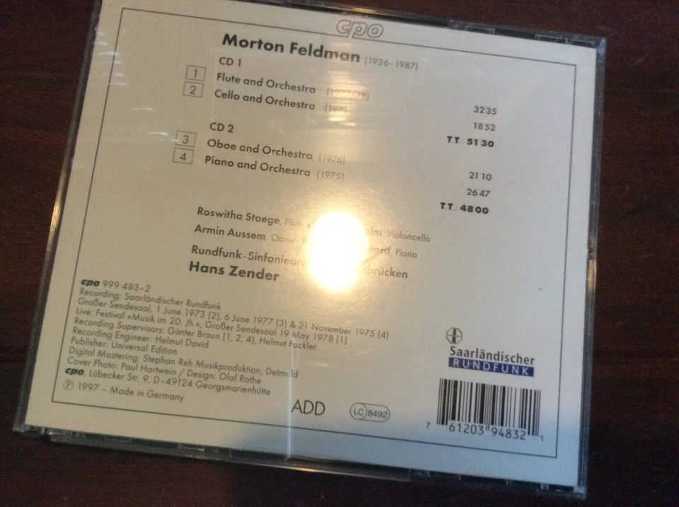 Feldman - Piano Flute Oboe Cello ...and Orchestra [2 CD Box] CPO SR ZENDER - Bild 2 von 2