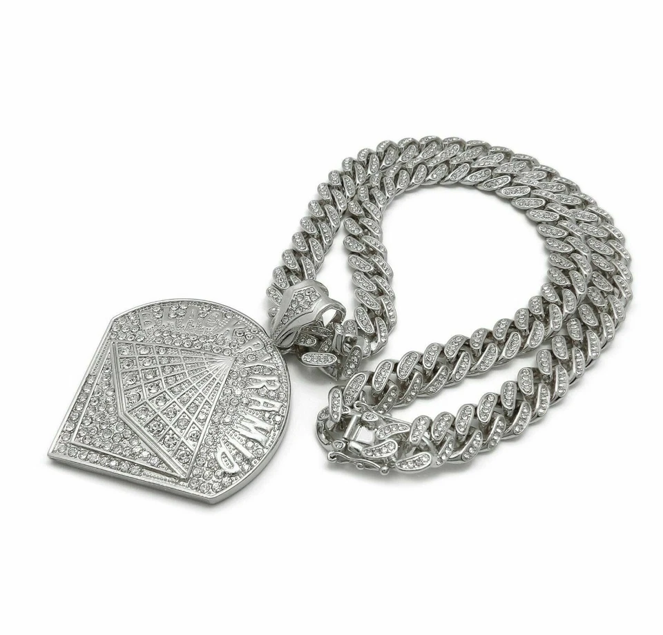 COLLAR CADENA ESLABÓN CUBANO COLGANTE CHRIS MARRÓN PIRÁMIDE NEGRA HELADA PLATA HIP HOP Foto 3 de 3