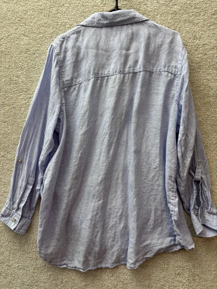 C&C California Linen Shirt Women's 1X Blue Button Up Blouse Roll Tab Sleeves - Image 3 of 4