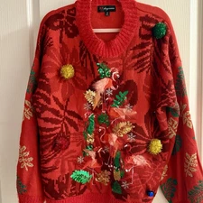 Ugly Christmas Sweater Flamingos Tropical Holiday Party Feathers Jingle Bells XL