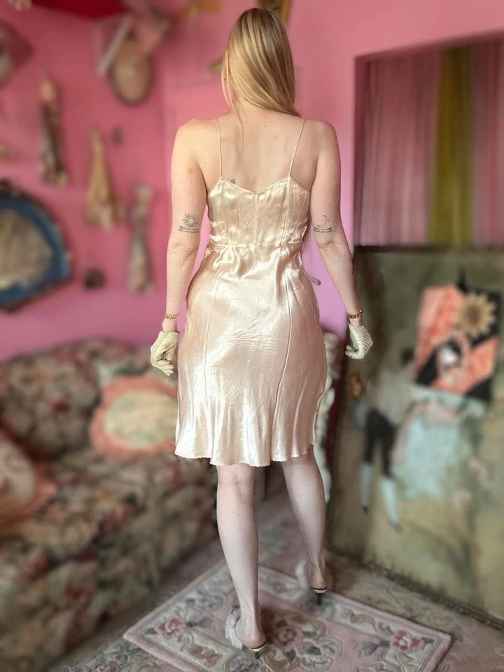 Antique Bias Cut Buttery Satin & Lace Slip Dress, Size M-L - Image 3 of 4