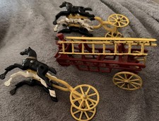 Antique Cast Iron Fire Fighter Wagon 2 Horses Engine Toy Vintage Firemen/Ladders