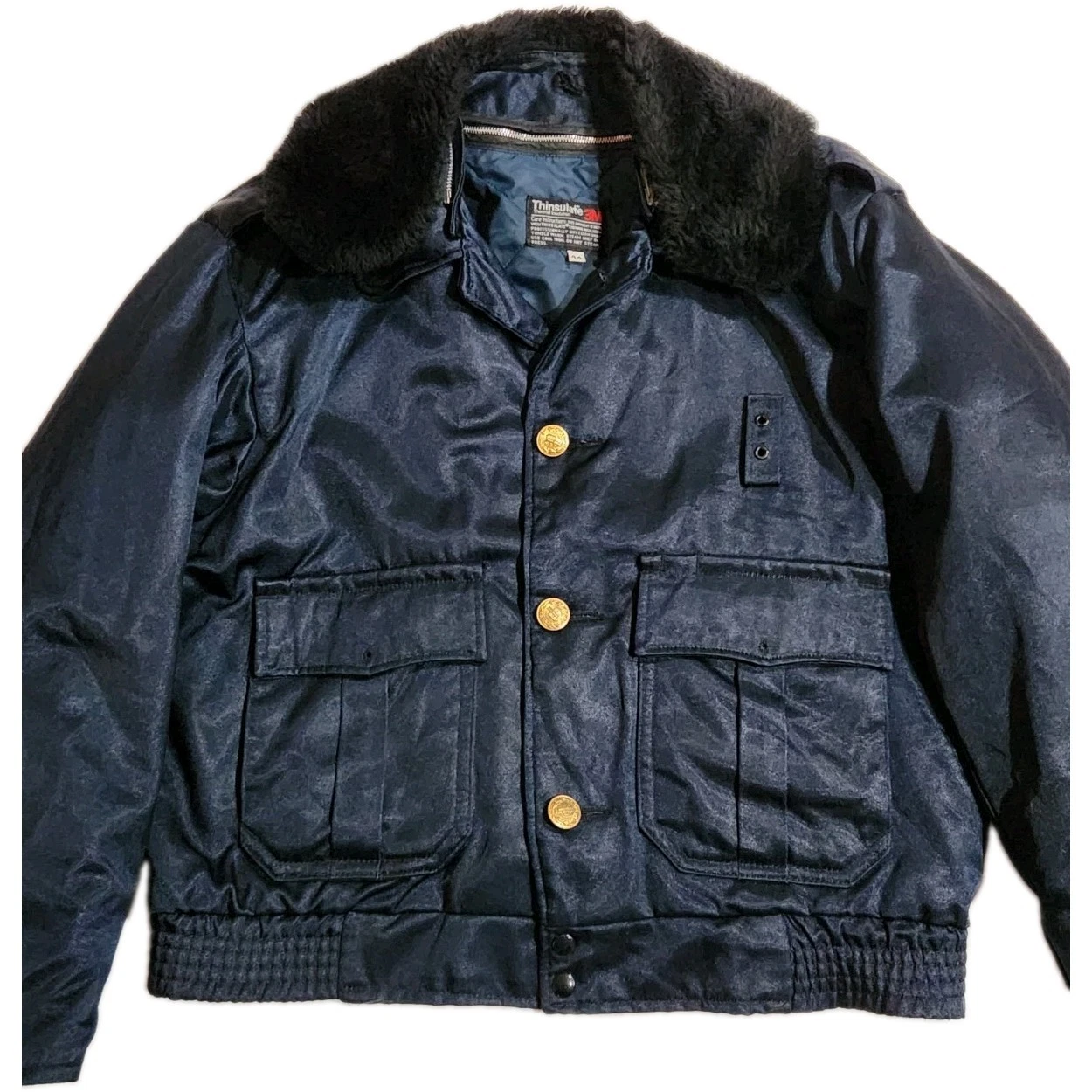 Vintage Workwear Bomber Jacket Size 44 Navy Blue Thinsulate Removable Collar - product detail image 1