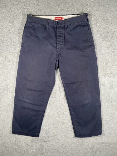 Pantalon chino Supreme homme 32 pinup logo bouton mouche bleu marine coton