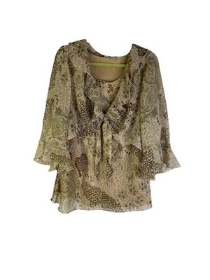 VTG Y2K Fairy Forest Goblin Shirt Womens 2XL Tie Front Sheer Bell Sleeve Flowy