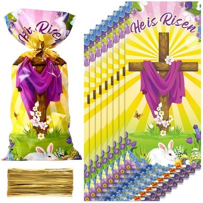 100 Pieces Easter Candy Bags He is Risen Cellophane Treat Religious Christian Go