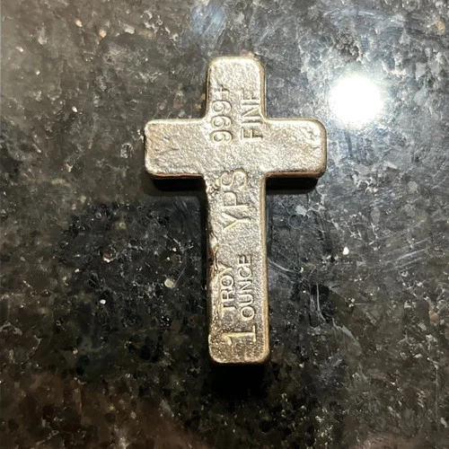 1 oz Hand Poured 999 Silver Bullion Bar Cross YPS - Yeager's Poured Silver