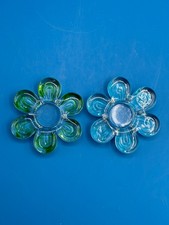 Candle Holders Tea Light Votive Glass Flower Blue Green 4.5"W x .75"H - Set of 2