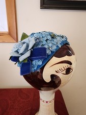 Vintage Womens Fascinator Hat Whimsical Fairy Blue Velvet Flowers Cap Ren Faire
