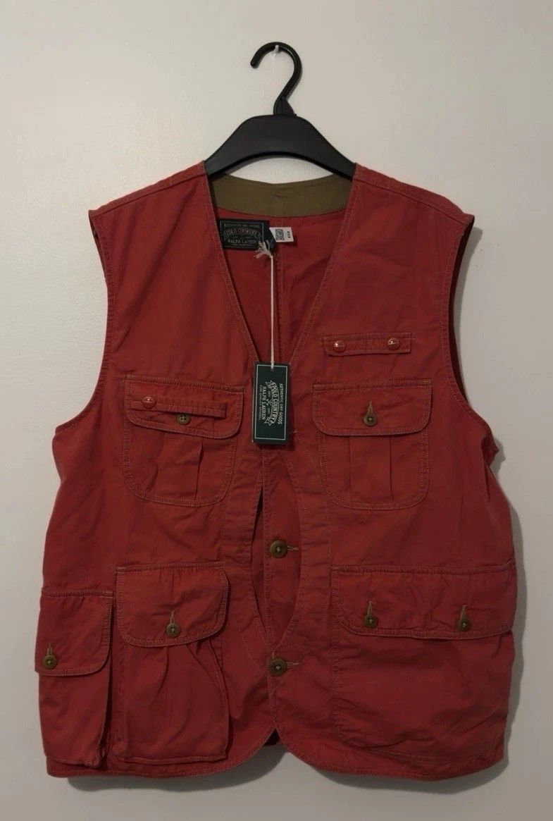 Polo Country Ralph Lauren Gilet Body Warmer Fishing Vest Canvas Cotton Red Large