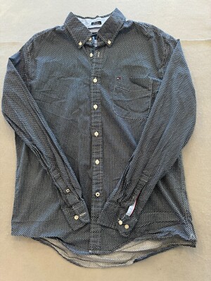 Tommy Hilfiger Button Down Shirt Men's Large Custom Fit Blue Print Pocket Logo