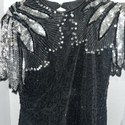 Vintage Scala Black Open Back Sequin and Beaded 100% Silk Dress Sz P/Large 80s - Picture 3 of 7