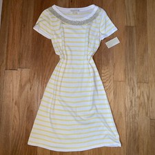Michael Kors Dress Size M Knit Cotton Yellow White Stripe Pearl Beaded $149
