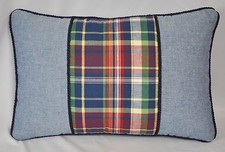 Pillow made w Ralph Lauren Garrison Madras Plaid Chambray Blue Fabric 17"x 12"
