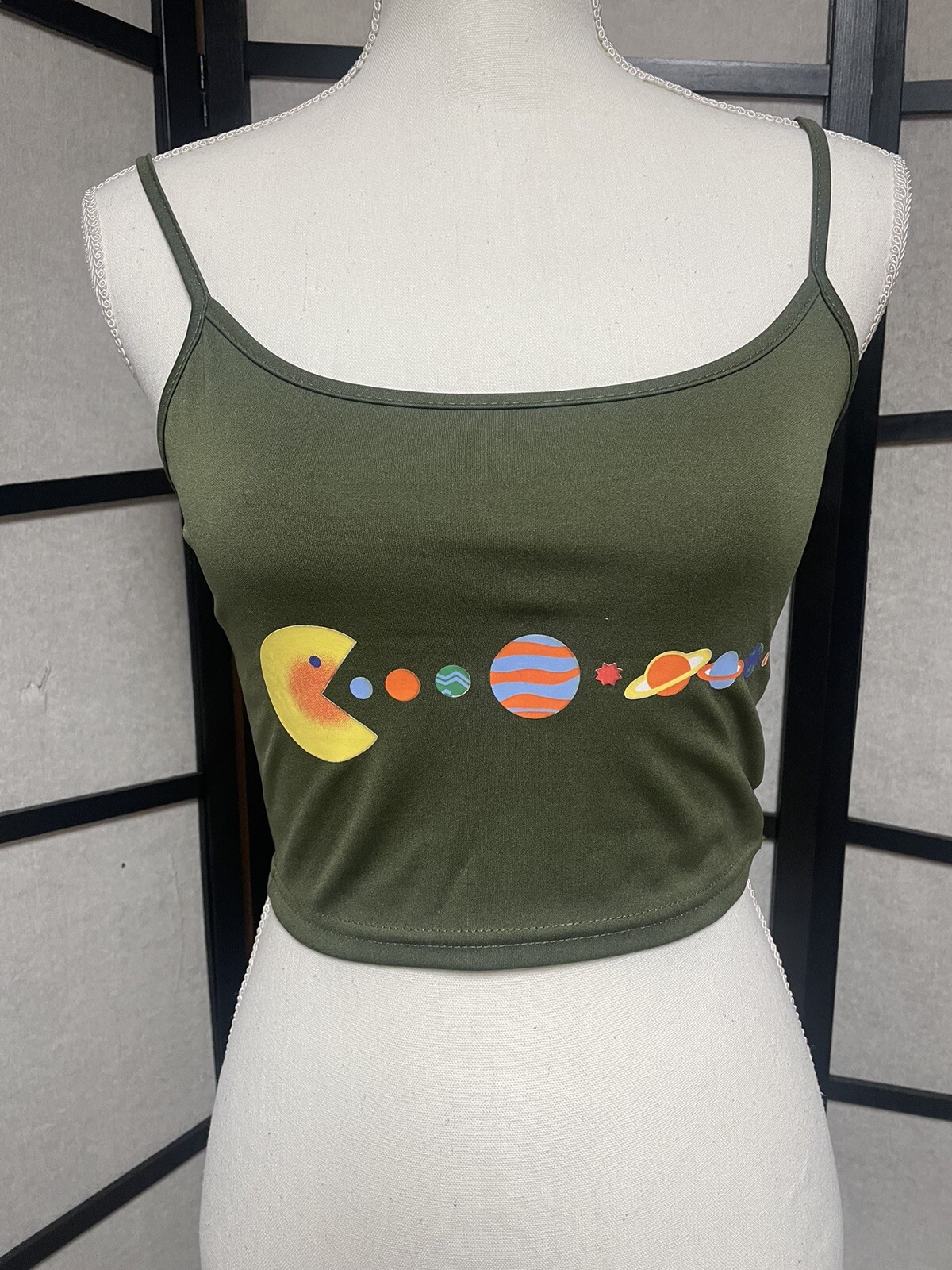 Pac Man Eating Planets Crop Tank Top Army Green Size … - Gem