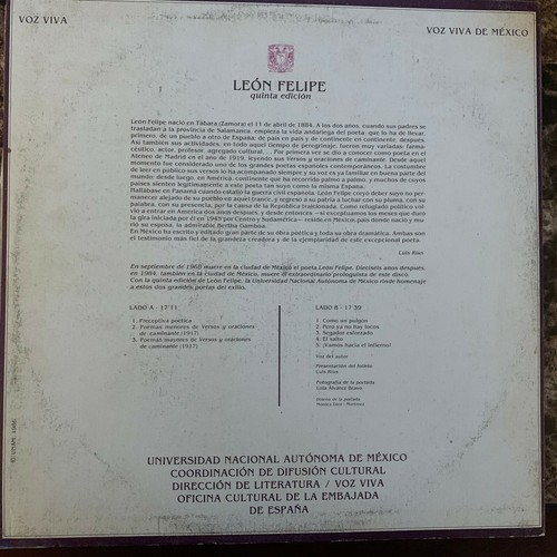 UNAM VOZ VIVA DE MEXICO SERIES, LEON FELIPE -ANTOLOGIA POETICA- 1986 MEXICAN LP - Picture 2 of 5