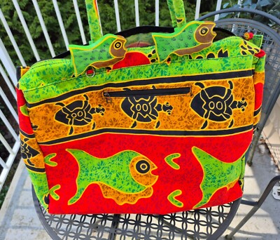 XL Beach Canvas Tote Bag- Sea Life Colorful - Zip Top, Pockets- Fish Turtle Crab