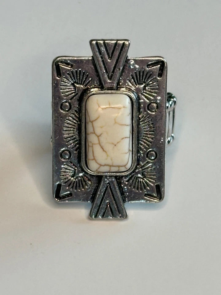 Turquoise White Stone Ring Silver Lead/Nickel Free- Aztec/Native American style - Image 2 of 4