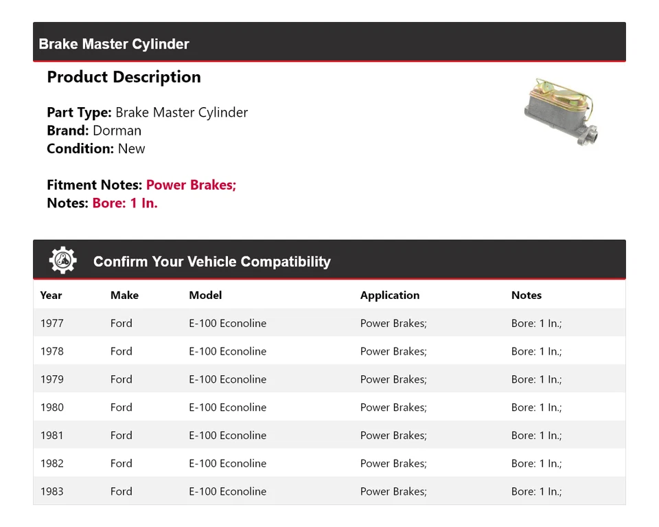 For 1977-1983 Ford E-100 Econoline Dorman Brake Master Cylinder 1978 1979 1980 - Image 2 of 4
