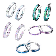 Lady Hoop Earrings Faux Moonstone Geometric Round Circle Shape Lightweight Alloy