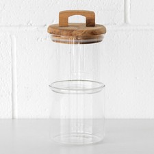 Image of Stackable 2 Tier Small Glass Storage Canister Jars with Wooden Airtight Lid Pot
