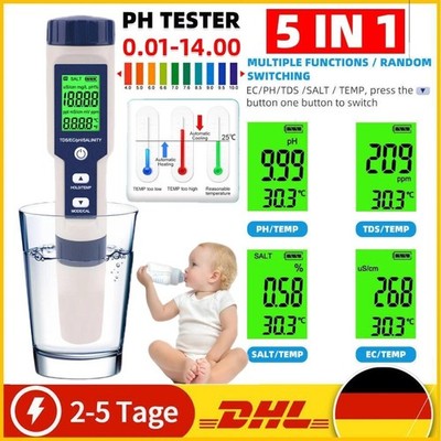 5in1 Digital Messgerät PH/EC/TEMP/SALT/TDS Tester Pen Trinkwasser Prüfer